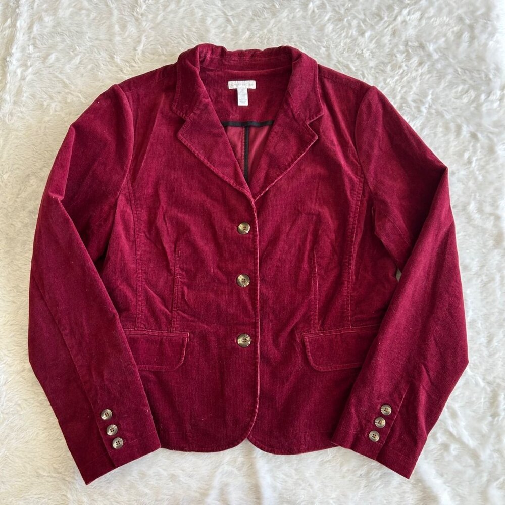 Y2K Charter Club Burgundy Red Corduroy Blazer‎ Contrasting Lined Sleeves Size 14